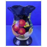 Hand-Painted Fruit Motif Ruffled Glass Vase