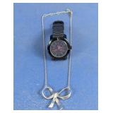 Black Wristwatch & Silver-Tone Bow Necklace