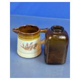 Ceramic Creamer & Brown Glass Bottle