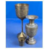 Engraved Brass Tone Goblet Vase Cup Set