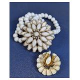 White Beaded Bracelet & Floral Brooch