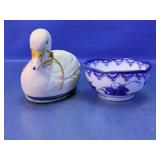 White Duck Figurine & Blue Decorative Bowl