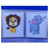 (2) Framed Cartoon Elephant & Lion Nursery Art Set
