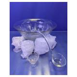 Vintage Etched Floral Glass Punch Bowl Set