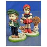 Vintage Children at Bus Stop Ceramic Figurines