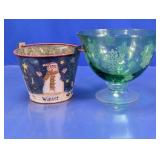 Winter Snowman Metal Bucket & Glass Bowl