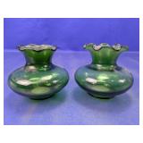 Pair of Emerald Green Ruffled Glass Bud Vases