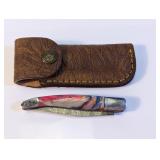 Damascus Clip Point Folding Knife & Sheath