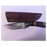 Damascus Drop Point Folding Knife & Sheath