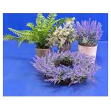 (4)Faux Lavender Wreath & Potted Greenery Lot