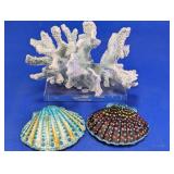 (3)Hand-Painted Scallop Shells & Coral Decor Trio