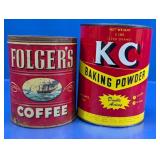 Vintage 5lb KC Baking Powder & 1946 Folgers 2 lb
