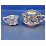 Vintage Blue & White Ceramic Sugar Bowl & Shaker