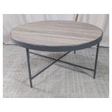 Round Wood-Look Top Metal Coffee Table