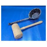 Vintage Gray & White Enamel Dipper & Wooden