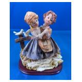 Painted Figurine Two Girls With Birds Fence
