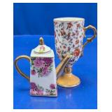 (2) Mini Coffee Pot & Pedestal Mug w/ Gold Trim