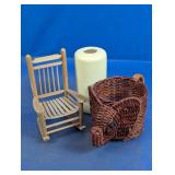 Wicker Elephant Basket, Wood Chair, & Ceramic Vase