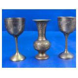 Vintage Brass Etched Miniature Vase and Goblets