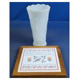 Hobnail Milk Glass Vase & Framed Needlework