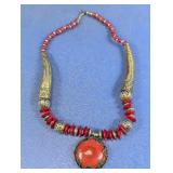 Ethnic Red Bead & Brass Pendant Necklace