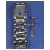 Cross Pendant and Wristwatch Silver Tone Set