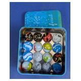 Mixed Glass Marbles in Metal Tin Box