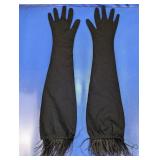 Black Long Gloves with Feather Trim