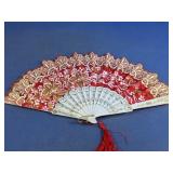 (1) Folding Hand Fan Red Floral Gold