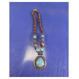 Turquoise-Color Pendant Beaded Necklace