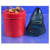 (2)Red Tin & Green Ribbed Glass Tree Jar Duo