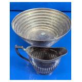 (2)Silver Plate Creamer & Ribbed Metal Bowl Duo