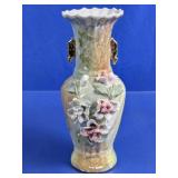 Vintage Floral Ceramic Vase with Gold-Tone Trim