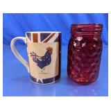 Union Jack Rooster Mug and Red Glass Mason Jar