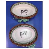 (2) Cow Design Glass Bowls with Baskets
