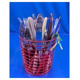 Assorted Flatware Set with Red Wire Basket