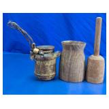 Wooden Himalayan Style Water Jug and Wooden Tool