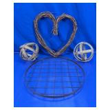 (4) Rustic Heart, Wood Spheres, & Metal Tray Set
