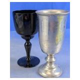 Black Glass Goblet and Metal Chalice Set