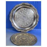 (2) Etched Brass Peacock Plate & Silver Plate Tray
