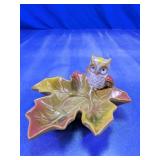 Glass Owl perched on Autumn Leaf Trinket Dish