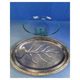 Silver Plate Meat Platter and Glass Centerpiece