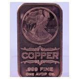(1) .999 Fine Copper Liberty Bar