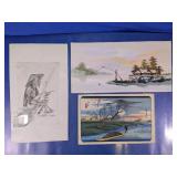 Asian Art Prints and Charcoal Sketch Lot