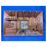 Vintage Hand-Carved 3D Wooden Tavern Diorama