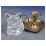 (2)Brass Candlestick & Glass Cat Votive Holder