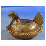 Amber Glass Hen Covered Dish Decorative Bowl
