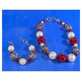 (2)Red & Pearl Bead Jewelry Set