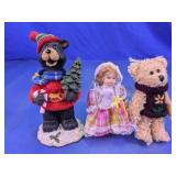 (3)Christmas Bear Resin & Plush Doll Trio