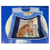 Quilted Cat Motif Handbag with Wooden Handles